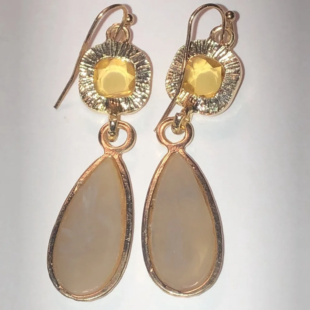 Gold Tone Yellow Rhinestone Neutral Boho Dangling Earrings